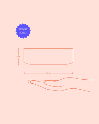 Diagramm einer kleinen Schale mit den Maßen 5 cm Höhe und 17,5 cm Breite über einer Hand, mit dem Text "Modern Bowl S".