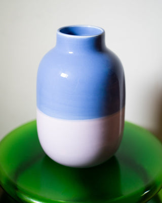 Eine zweifarbige Vase in Blau und Weiß steht auf einer grünen Oberfläche.