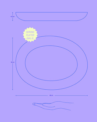 Diagramm einer ovalen Servierplatte mit den Maßen 46 cm x 35 cm x 4,5 cm und einer Hand zur Größenangabe.